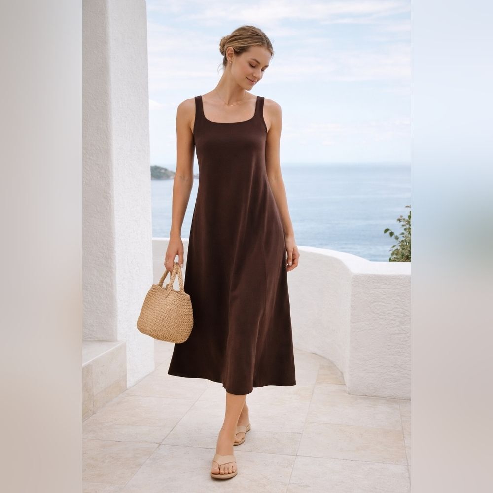 Brown Sleeveless Midi Dress S Minimalist Clean Girl Soft Norm Shelf Bra A-Line